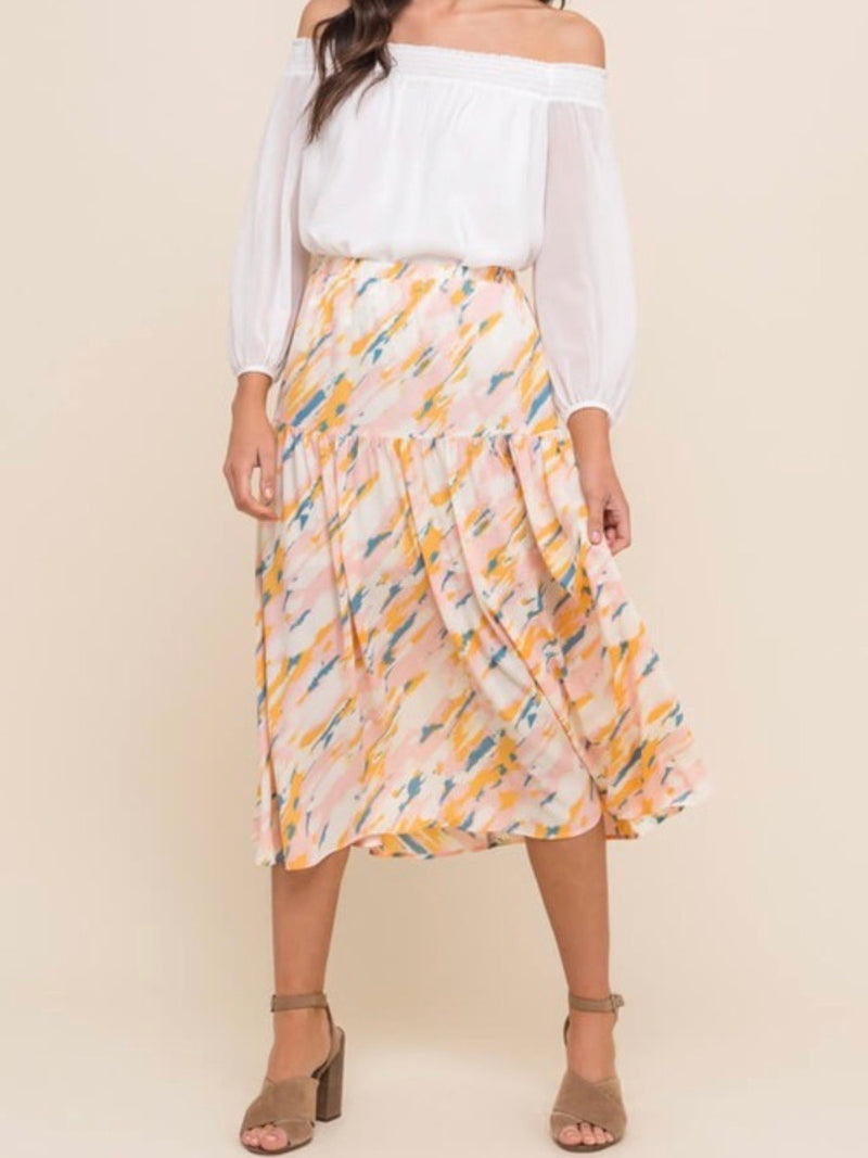 Blush blue print tiered midi skirt