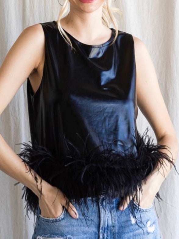 Black Metallic Feather Trim Top