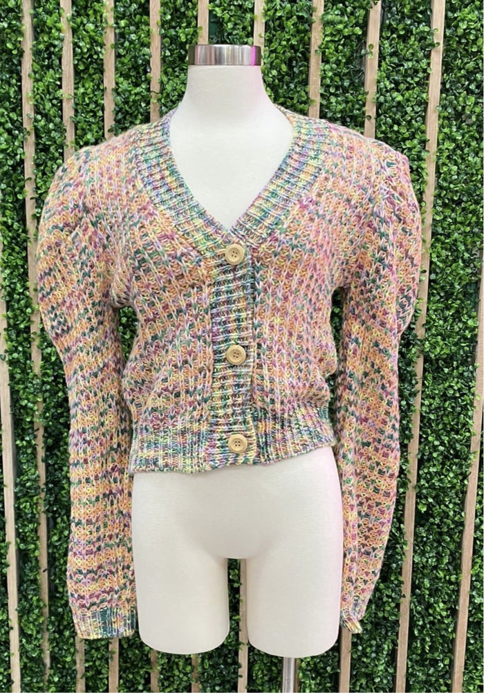 Puff Shoulder Multi Color Cardigan Sweater