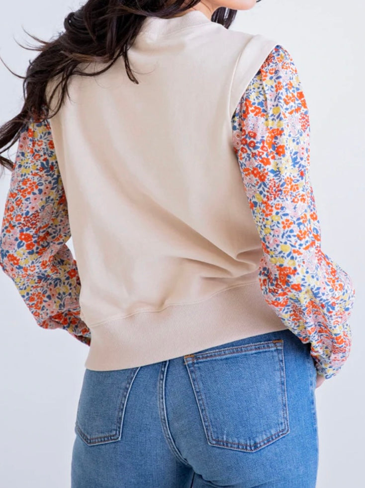 Ivory Floral Poplin Sleeve Sweatshirt