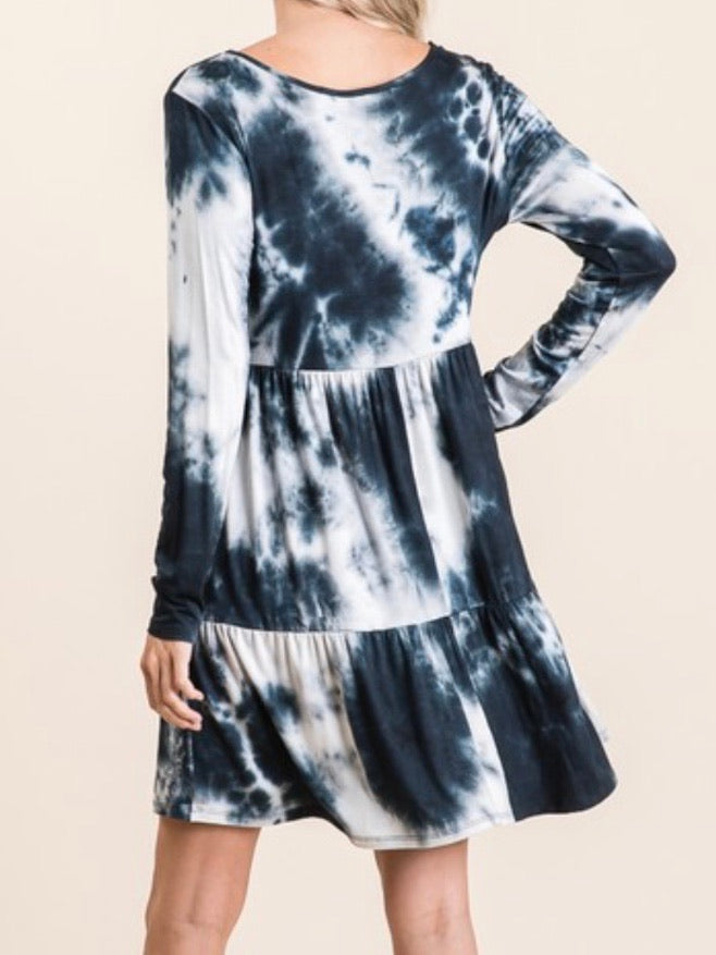 Tie Dye Tiered Long Sleeve Short Dress