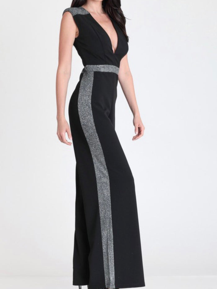 Metallic Contrast Deep V Jumpsuit