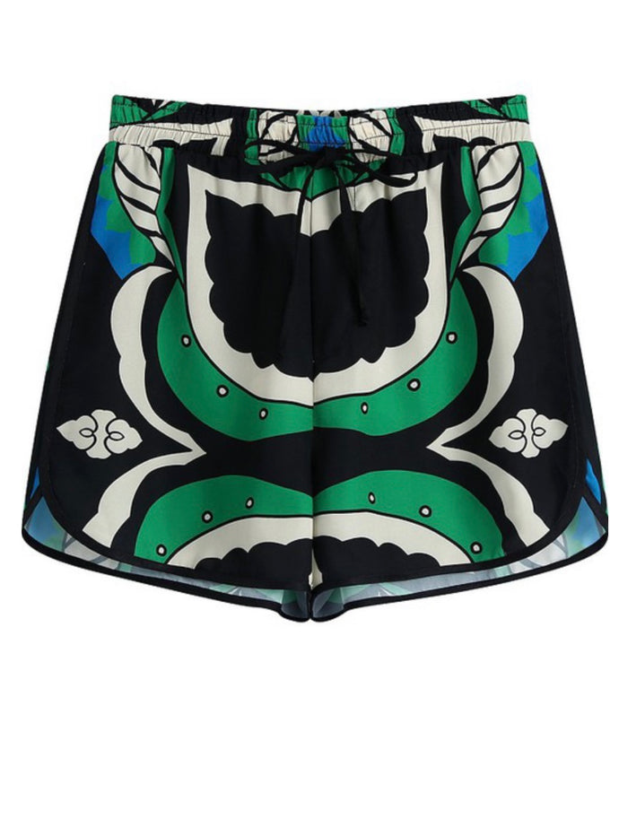 Black Green Leaf Print Shorts