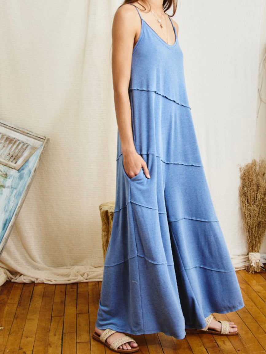 Blue TIered Back Tie Jumpsuit