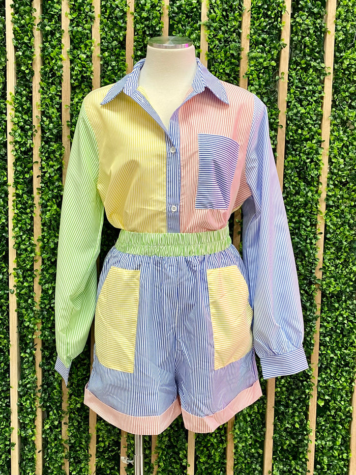Stripe Blocked Short Pant Set