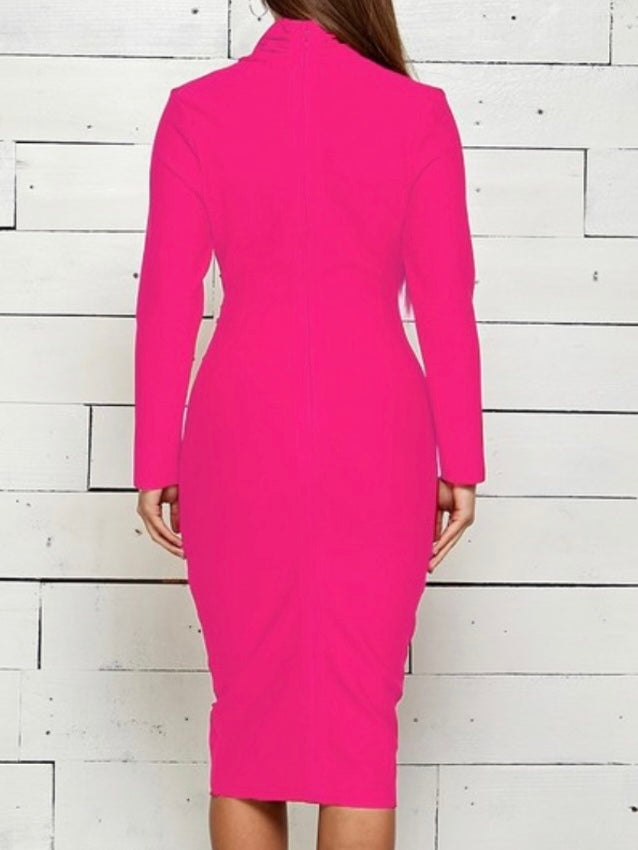 Hot Pink V Neck Bandage Midi Dress