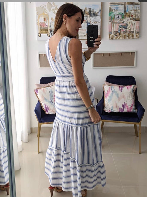 Blue Striped Linen Tiered Maxi