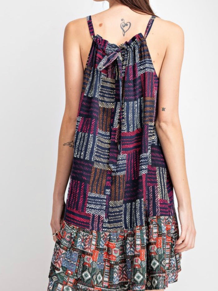 Navy Printed Halter Dress