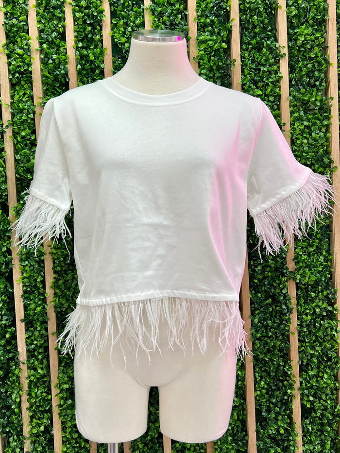 Short Sleeve Feather Trim Top