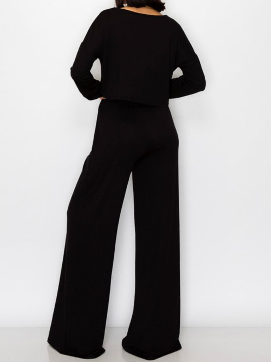 Black Long Sleeve Crop Top Pant Set