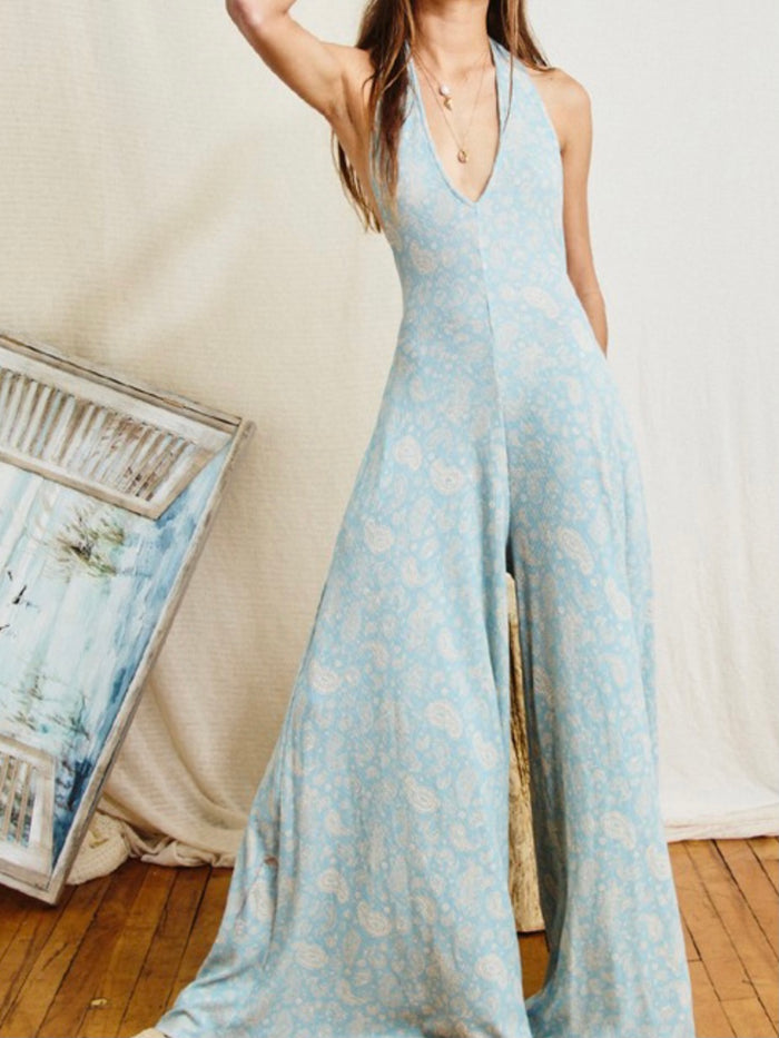 Blue Paisley V Neck Jumpsuit