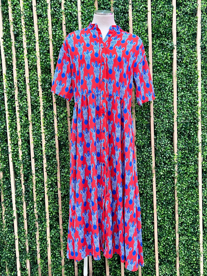 Red Blue Zebra Blouse Midi Dress