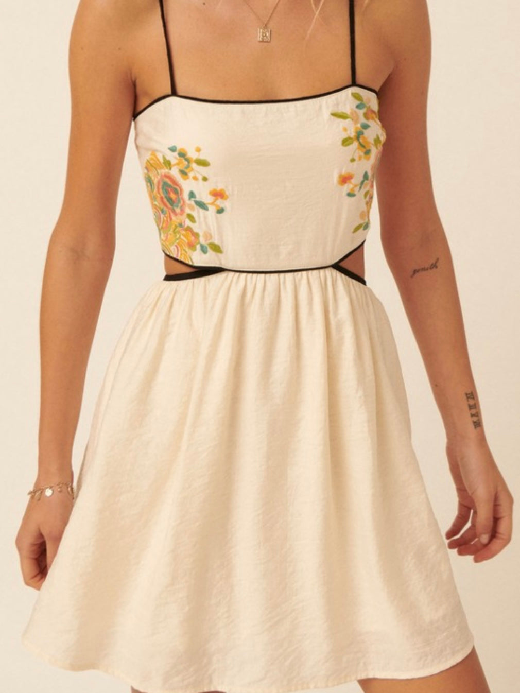 Cream Embroidered Cutout Short Dress