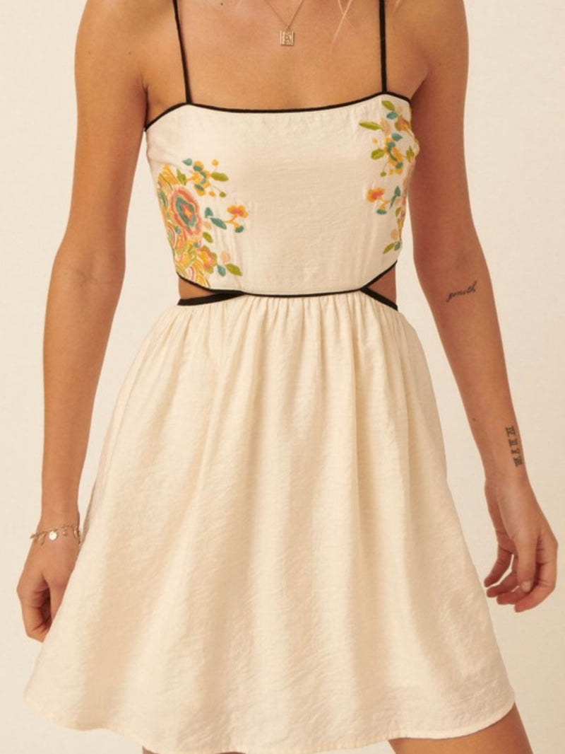 Cream Embroidered Cutout Short Dress
