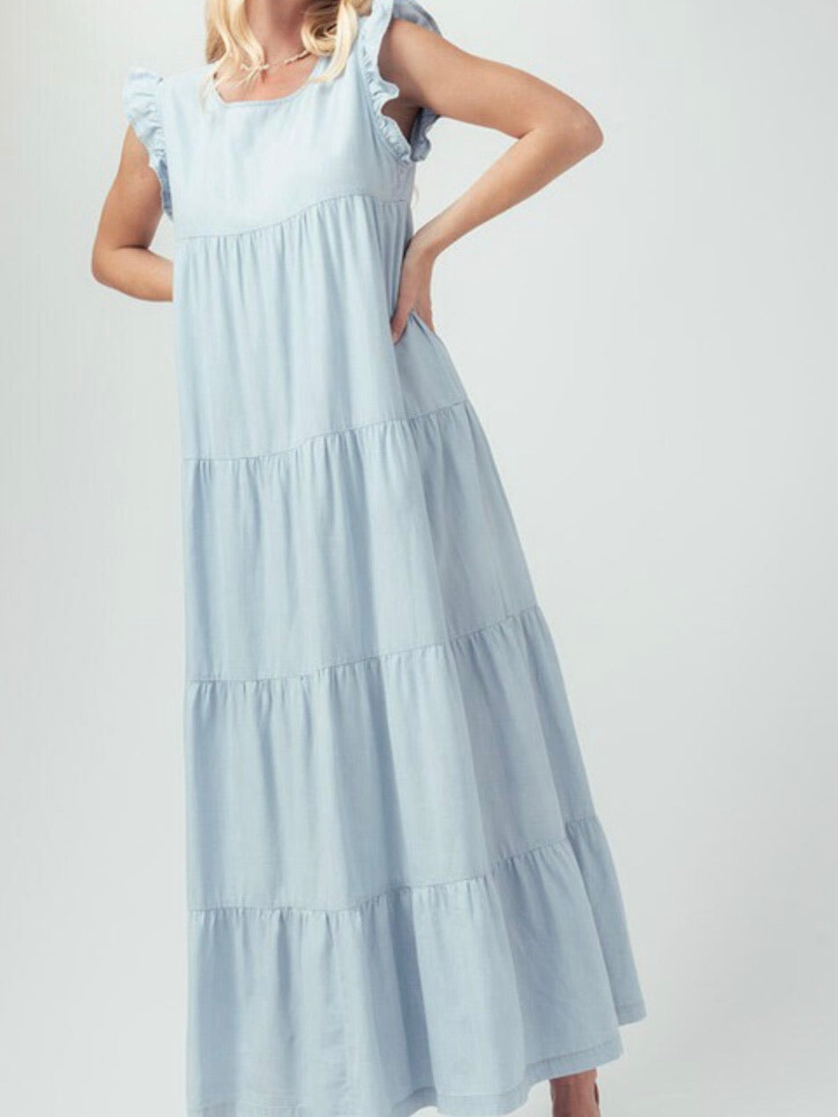 Ruffle Tiered Angel Sleeve Maxi Dress