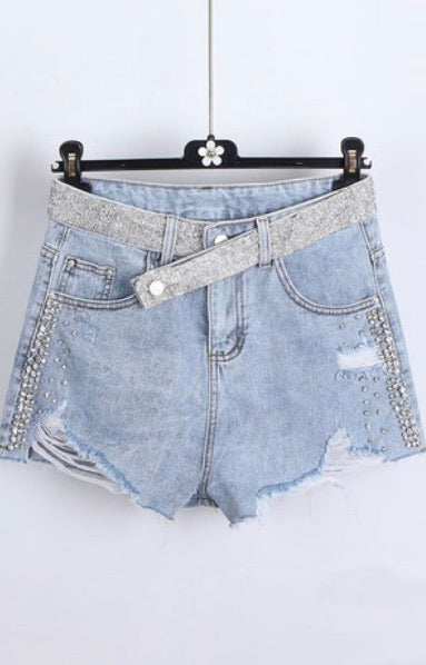Rhinestone Trim Denim Shorts
