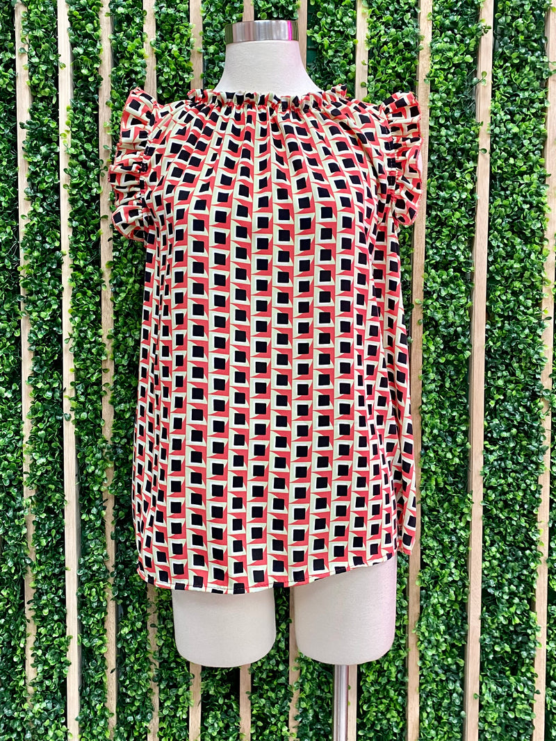 Coral Mock Neck Geo Print Top