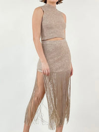 Beige Fringe Detail Knit Skirt