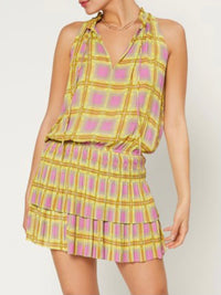 Yellow Plaid Sleeveles Ruched Short Dress