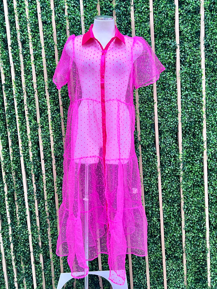 Pink Net Puff Sleeve Sheer Blouse Dress