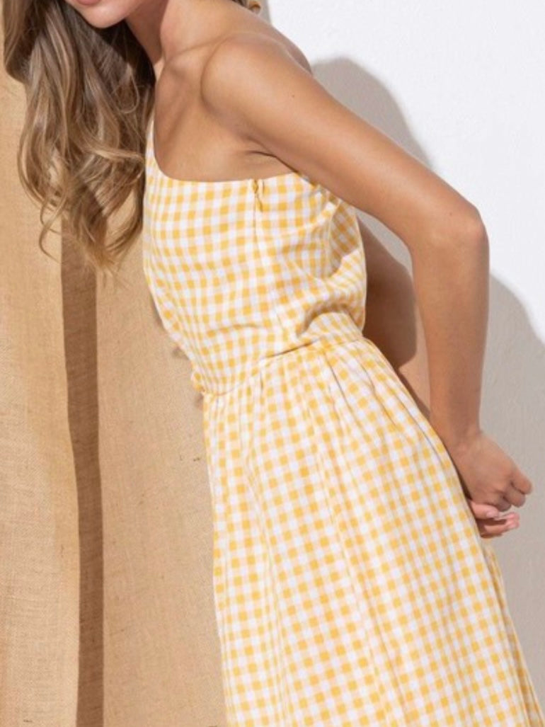 Yellow Plaid Cutout One Shoulder Midi Dress