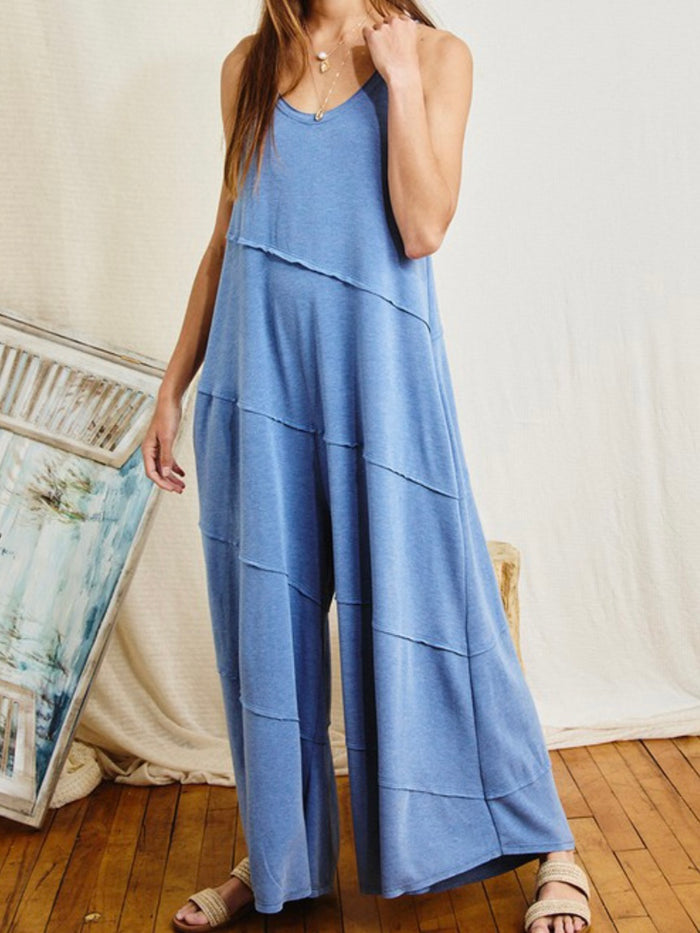 Blue TIered Back Tie Jumpsuit