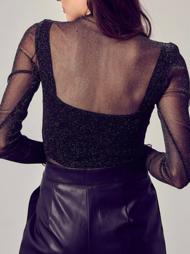 Mock Neck Glitter Mesh Top