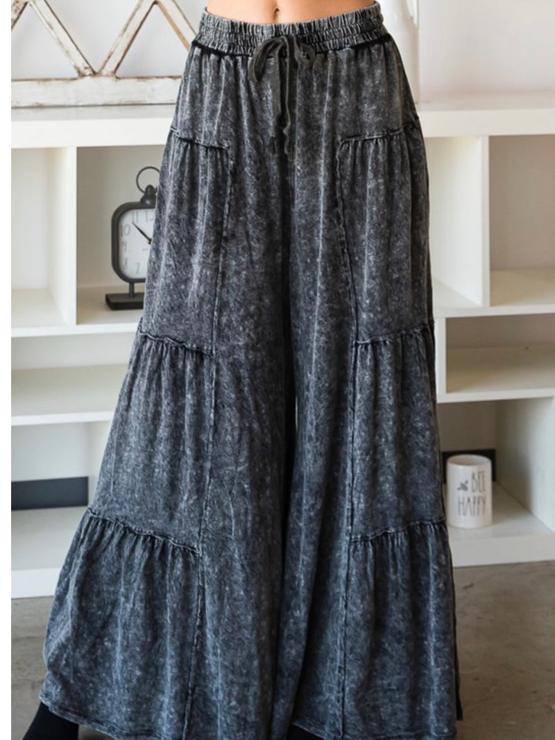 Acid Wash Tiered Wide Leg Pant