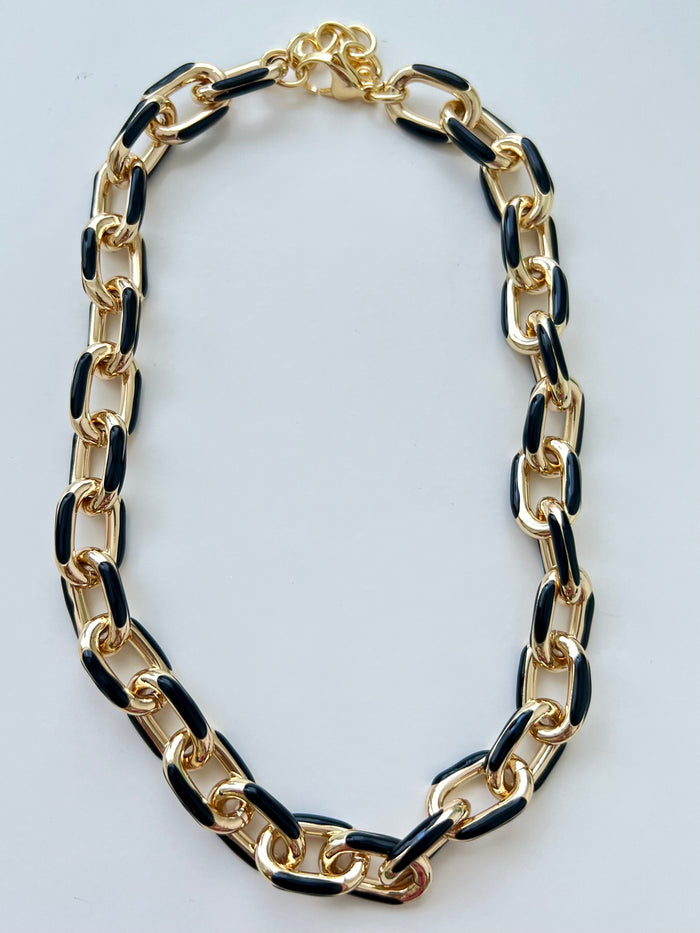 Large Gold Black Enamel Paperclip Necklace
