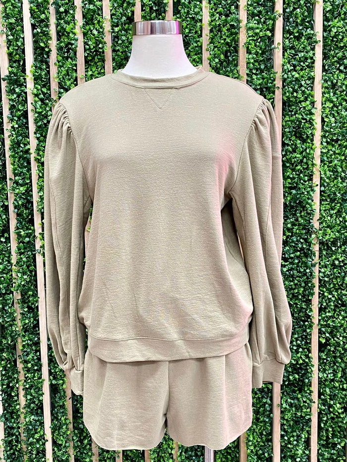 Olive Puff Sleeve Knit Short Set