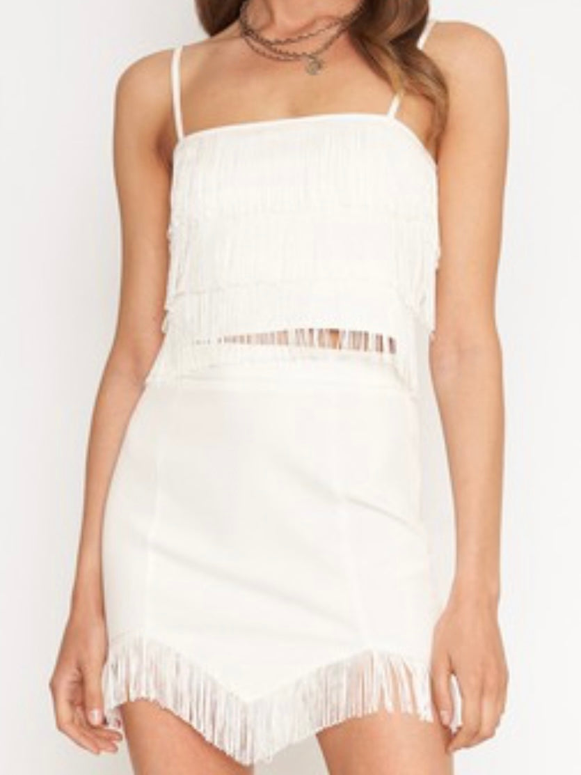 White Fringe Detail Short Skirt Set