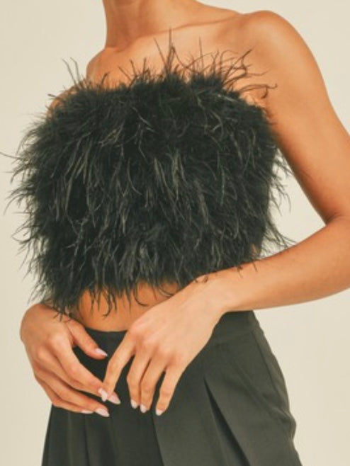 Black Strapless Feather Crop Top