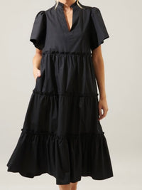 Black Balloon Sleeve Tiered Midi Dress