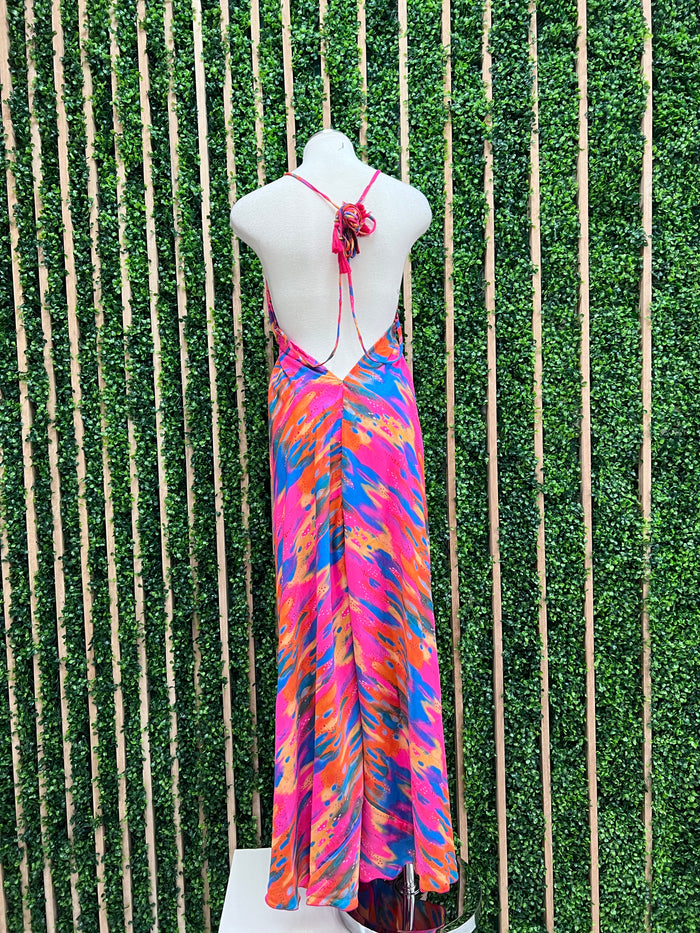Exquisite Fuchsia Watercolor Halter Maxi Dress
