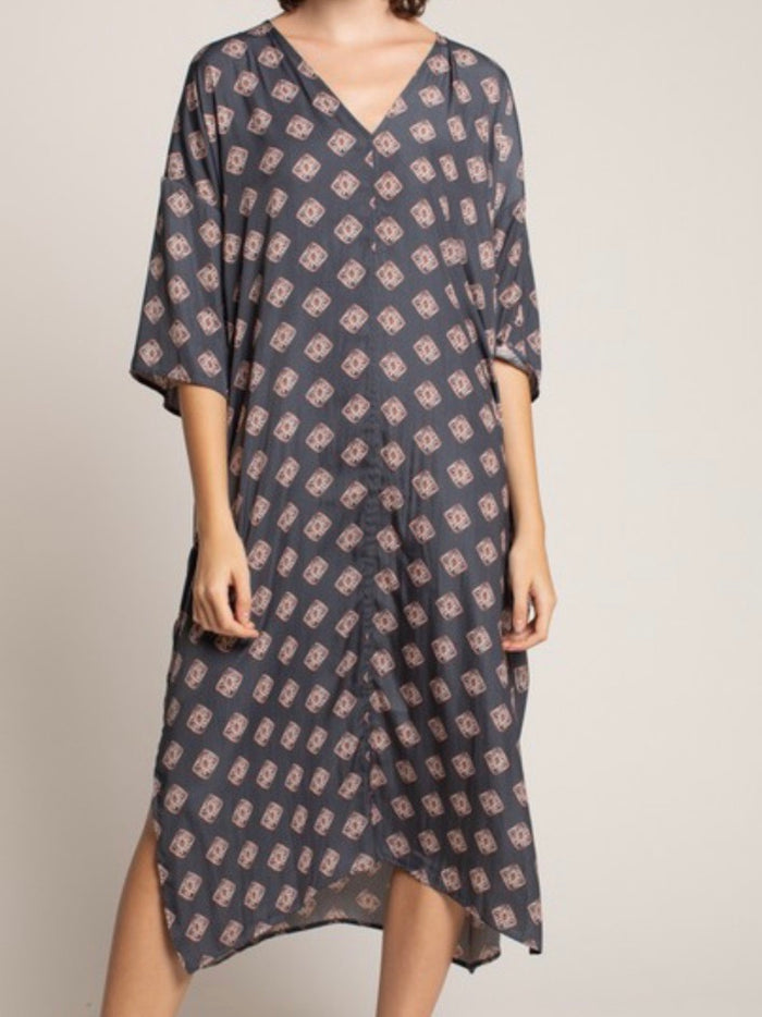 Square Print V Neck Midi Dress