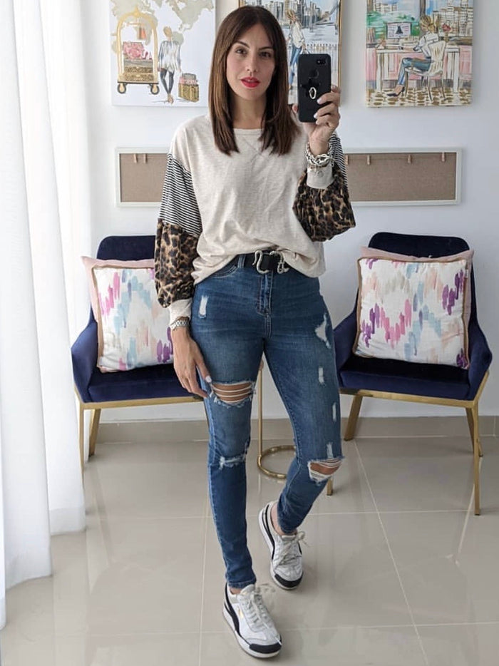 Leopard Block Puff Sleeve Sweater