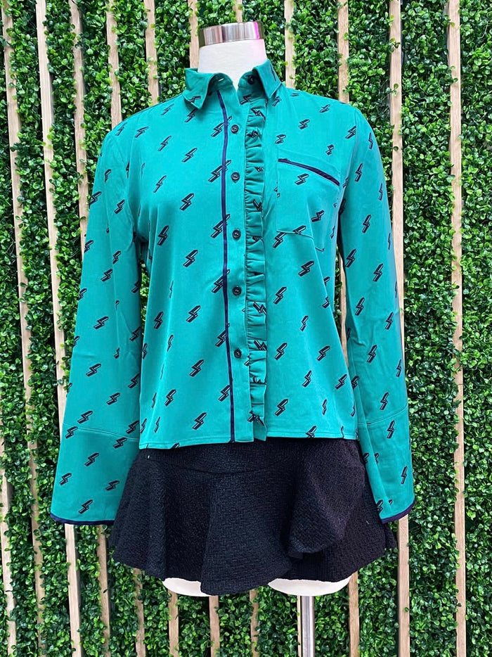 Green Ray Print Collar Blouse