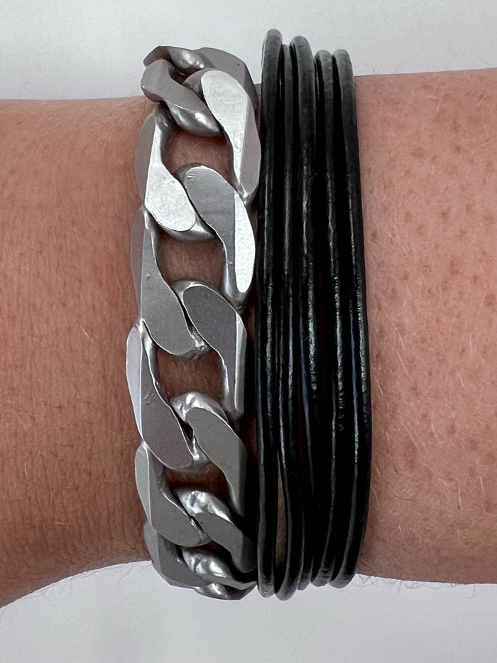 Silver Links Leather Wrap Bracelet