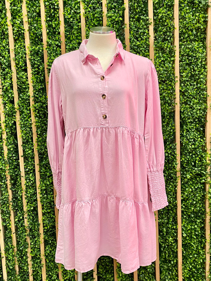 Light Pink Tencel Tiered Button Down Short Dress