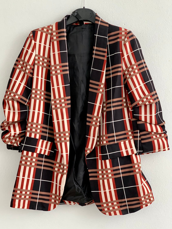 Black Plaid Ruched Sleeve Blazer