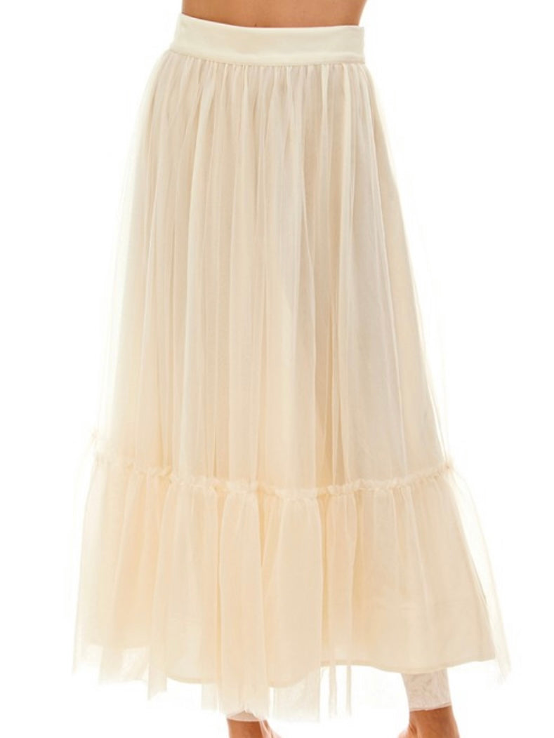 Cream Tiered TUlle Midi Skirt