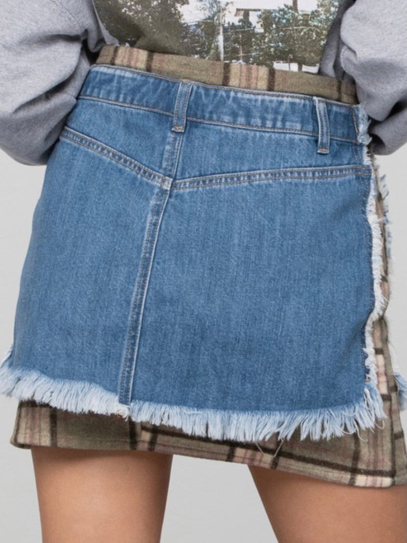 Plaid Detail Denim Mini Skirt