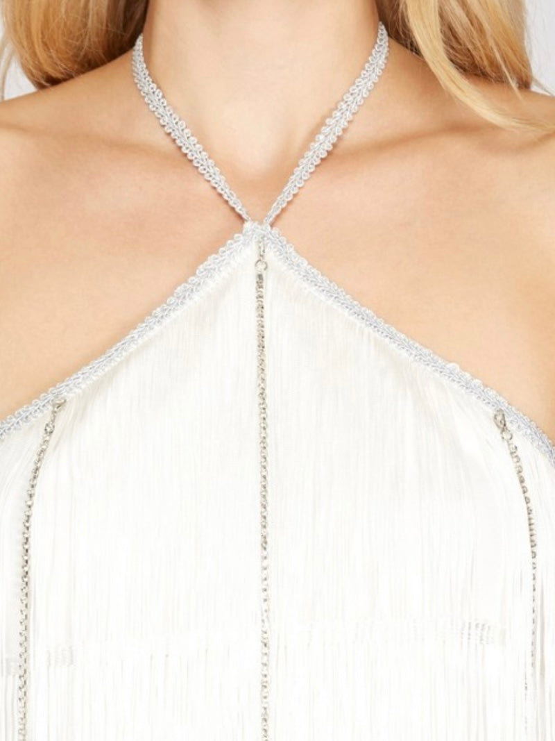 Rhinestone Detail Halter Fringe Top