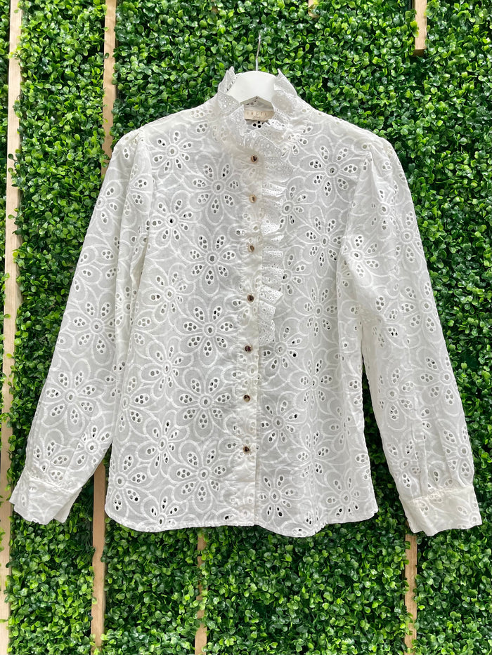 Eyelet Ruffled Button Down Blouse