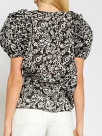 B&W Paisley Ruffle Puff Sleeve Top