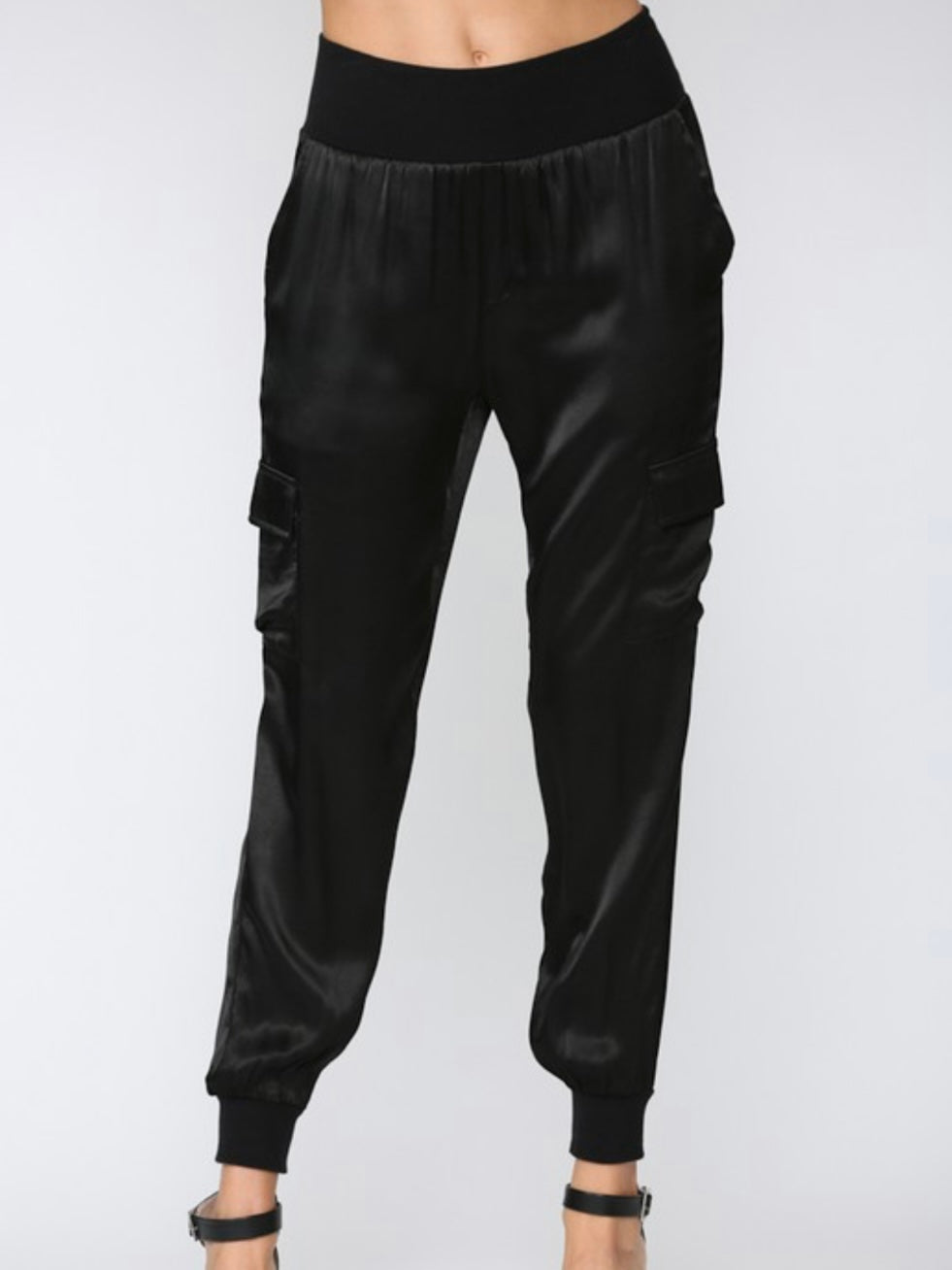 Black Satin Cargo Jogger