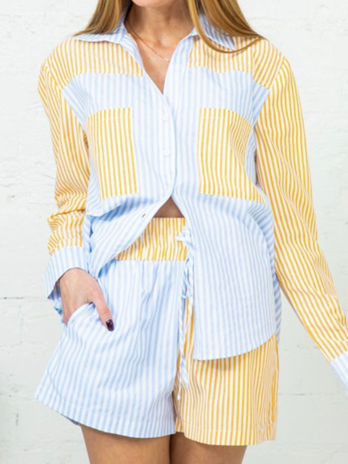 Yellow Blue Striped Block Short Pant Set