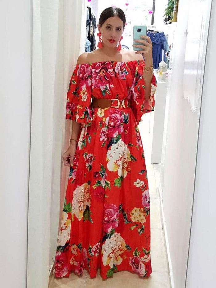 Coral Floral Off Shoulder Dress