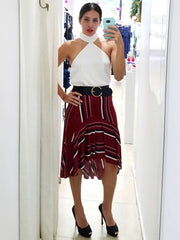 Burgundy Striped Asymmetric Skirt