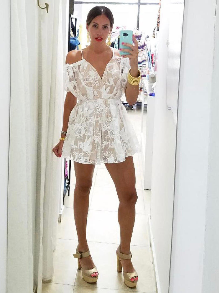 White Lace Off Shoulder Romper